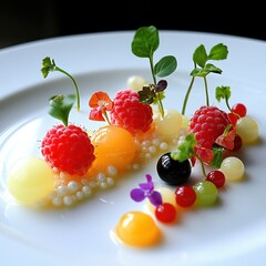 Modern plated dessert with fresh raspberries, edible pearls, microgreens, and fruit spheres. Artful gourmet dish combining textures and delicate details on a white surface