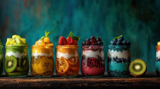 Assortment of colorful fruit parfaits in glass jars on a rustic wooden surface against a textured turquoise backdrop