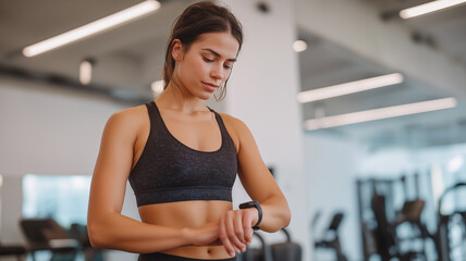 Fototapeta premium Fit Woman Checking Smartwatch in Modern Minimalist Gym