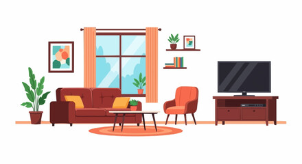 Modern Living Room Interior &ndash; Flat Vector Illustration with Sofa, TV, Window, Chair, and Houseplants