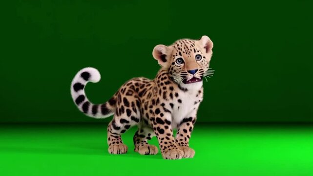 A small leopard cub standing on a green screen background with its tail curled upwards green screen animal video