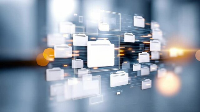 Abstract visualization of digital files with illuminated lines and folder icons on a blurred blue and white background
