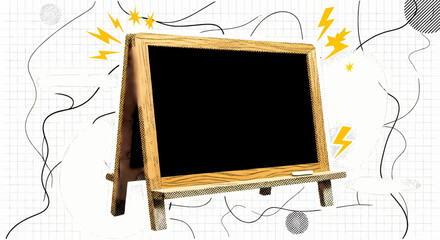 Empty Halftone Chalkboard Sign: A Distressed Black and White Graphic with Vibrant Yellow Accents, Featuring a Worn Light Brown Wooden Frame and Bottom Shelf

