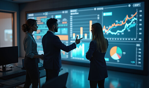 Business professionals discussing data analytics in a modern office setting. Ideal for marketing, finance, or corporate communications.