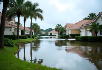 Hurricane Debby tropical rainstorm flooded residential homes in suburban community in Sarasota, Florida. Aftermath of natural disaster