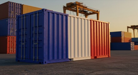France Flag on Cargo Container, Symbol of Global Trade, Shipping, and Economic Tensions. International Shipping and Trade War Impact