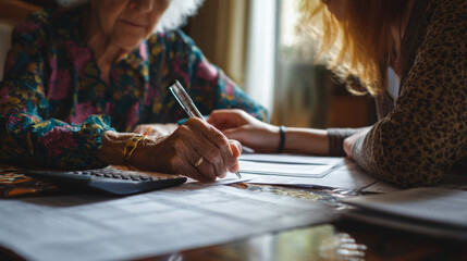 An elderly woman and a younger person share a warm moment while working together on important documents at a table filled with papers