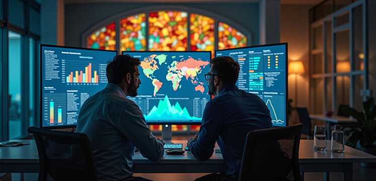 Two professionals analyze data on multiple screens, showcasing teamwork and data-driven decision-making in a modern office environment.