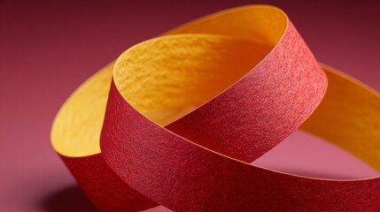 Close up abstract of two intertwined textured paper ribbons one red and one gold against a plain pink background