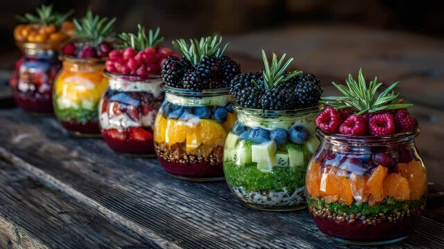 Row of glass jars containing layered fruit salad with berries and rosemary garnish on rustic wooden surface