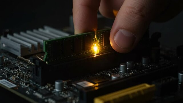 Hand Installing RAM on Motherboard with Glow Effect
