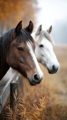 Obraz premium Two horses emerge from a misty pasture surrounded by autumn foliage in a tranquil rural setting