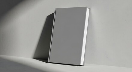 Minimalist blank book cover mockup leaning against a textured wall with shadow