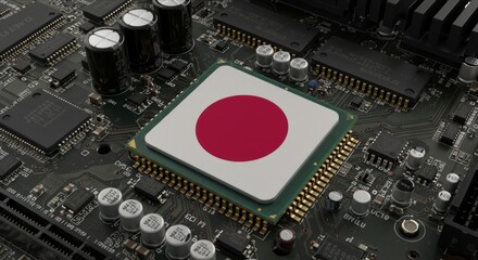 Japan Flag on CPU Chip, Symbol of Global Chip War and Semiconductor Technology Race, Semiconductor Industry and Tech Dominance.