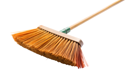 A new broom with orange bristles and a wooden handle, ready for sweeping and cleaning tasks, isolated on white isolated on transparent background