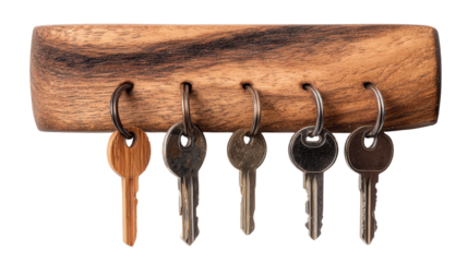 Handcrafted wooden key holder background isolated on a Transparent background, PNG file.