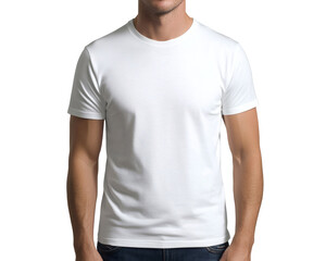 Fototapeta premium Man wearing a blank white t-shirt with a transparent background, ideal for showcasing designs or apparel mockups with a clean, modern aesthetic.