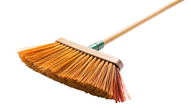 A new broom with orange bristles and a wooden handle, ready for sweeping and cleaning tasks, isolated on white isolated on transparent background