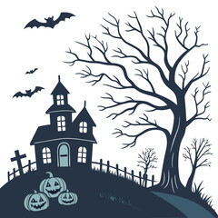 Illustration of a spooky house with pumpkins, bats, a graveyard, and a large tree on a white background