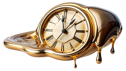 A surreal melting gold clock with roman numerals, dripping like liquid, isolated on a transparent background