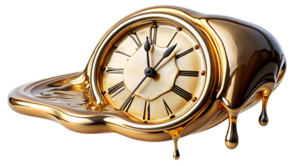A surreal melting gold clock with roman numerals, dripping like liquid, isolated on a transparent background