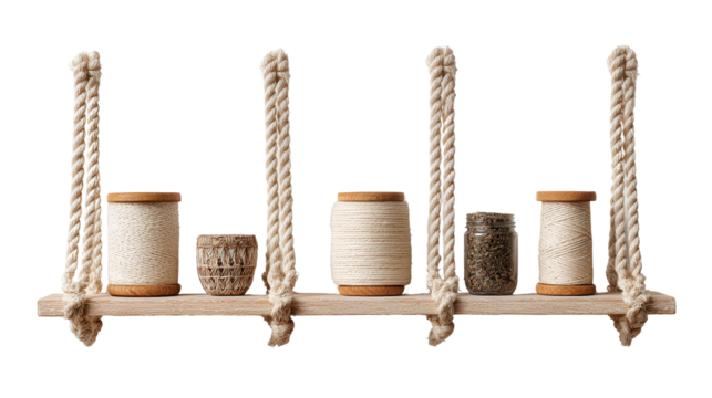 Hanging rope shelf boho style background isolated on a Transparent background, PNG file.