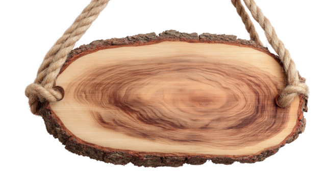 Hanging wood slice decor sign background isolated on a Transparent background, PNG file. - Powered by Adobe
