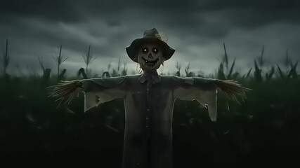 Eerie scarecrow standing in a dark cornfield under a stormy sky, creating a haunting atmosphere - Powered by Adobe