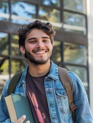 Latin American university student holding books, walking across modern campus, backpack, casual outfit, academic environment, natural smile