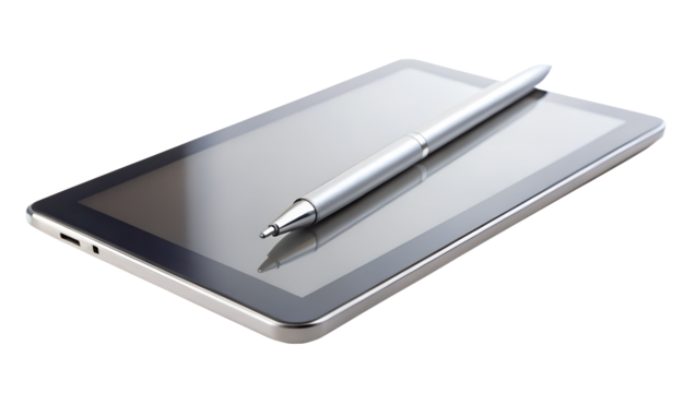 A silver stylus pen rests on a black tablet computer with a reflective screen, isolated on a transparent background