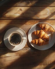 Top view of a cup of black coffee and three golden croissants on a white plate, arranged on a wooden table with soft sunlight casting warm shadows across the scene