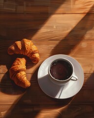Two detailed croissants and a cup of black coffee on a wooden surface, captured in strong side lighting. Bold shadows and rich textures create a cozy and inviting breakfast mood
