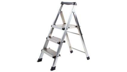 A compact folding aluminum step ladder with three steps and a safety handle, isolated on a transparent background