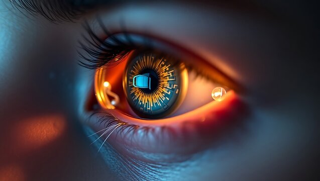 A close up shot of a human eye with a futuristic digital interface in the iris detail