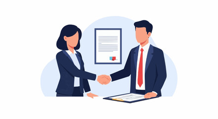 Fototapeta premium Businessman and Businesswoman Handshake – Flat Vector Illustration of Office Deal, Agreement, and Partnership