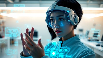 Woman wearing futuristic headset interacting with holographic display in laboratory setting