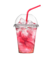 Refreshing pink drink with ice on a white background