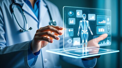 Doctor Examining Holographic Medical Data, Modern Healthcare Technology and Medical Innovations