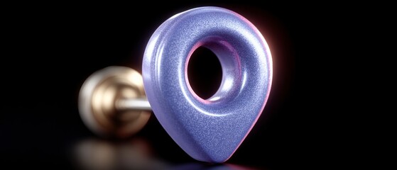 A shimmering purple map pin icon with a blurred metallic rod against a dark background