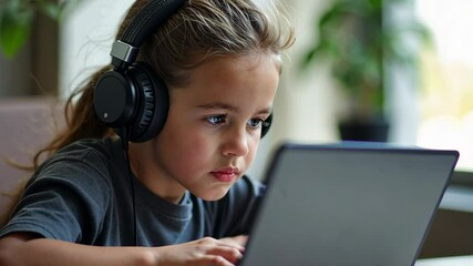 Smart pupil child student learning using internet and headphones, listen lessons. distance education concept. - Powered by Adobe