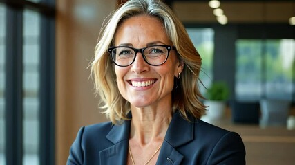 Portrait of smiling senior businesswoman in glasses standing posing in modern office, happy confident middle-aged female employee or CEO look at camera show confidence and success. - Powered by Adobe