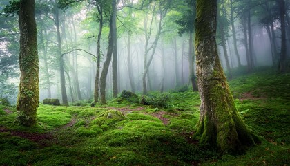 Obraz premium dreamy scenery with fog in a green fairytale forest an uplifting yet moody panoramic landscape with freshness depth and majestic beauty