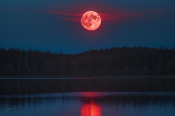 Ethereal Blood Moon Lunar Eclipse Over a Serene Forest Lake