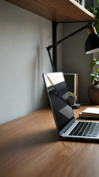 Wooden work desk with laptop and documents, books, modern interior of cozy cabinet, table for businessman or student at home, comfortable workspace, workplace with computer in apar.