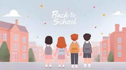 Four children standing together with backpacks on school campusб Back to school banner picture
