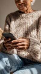 Closeup of Woman Using Smartphone Wearing Knit Sweater in Warm Lighting

