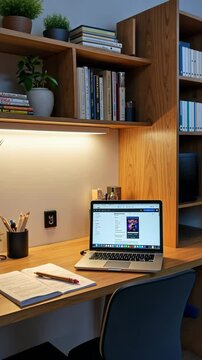 Wooden work desk with laptop and documents, books, modern interior of cozy cabinet, table for businessman or student at home, comfortable workspace, workplace with computer in apar.