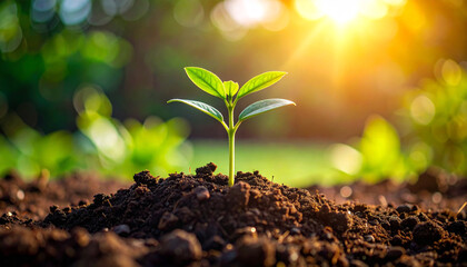 Sunrise Seedling: A vibrant green seedling sprouts from dark soil, reaching towards the bright morning sun.  The scene evokes growth, hope, and new beginnings.