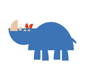 Flat vector illustration of a cute blue rhino with geometric shapes, perfect for kids and educational materials.