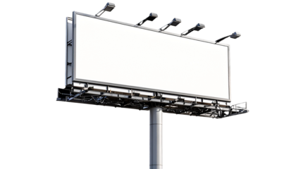 Blank billboard with a metal support pole and top lighting, shown from a low angle against a black background --ar 16:9 --v 7.0 isolated on transparent background.